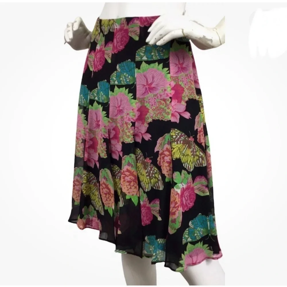 Karen Kane Lifestyle 100% Silk Floral Butterfly Car Wash Skirt Multicolored Sz 6